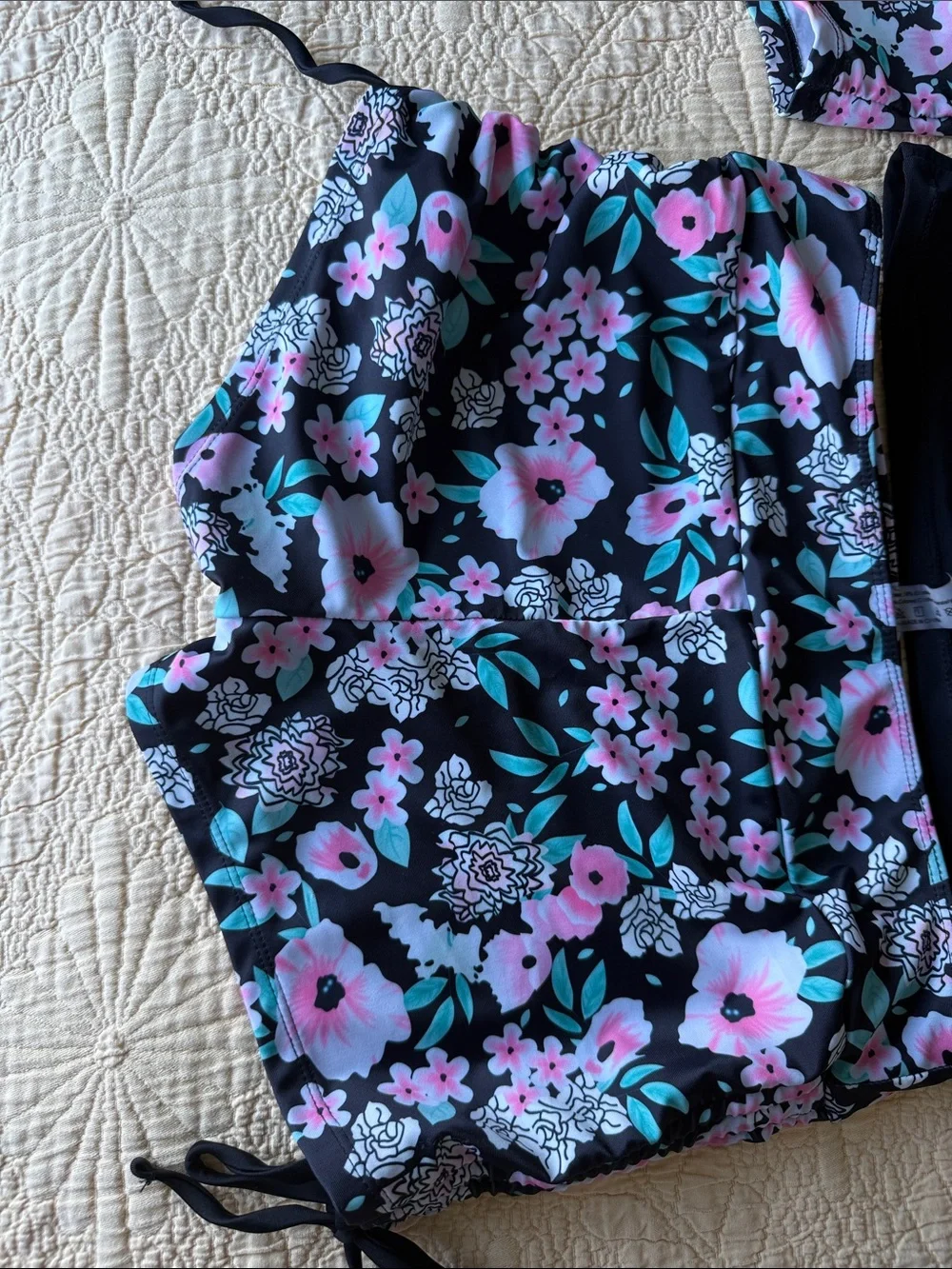Floral Long-Sleeve Rash Guard Set - Black & Pink